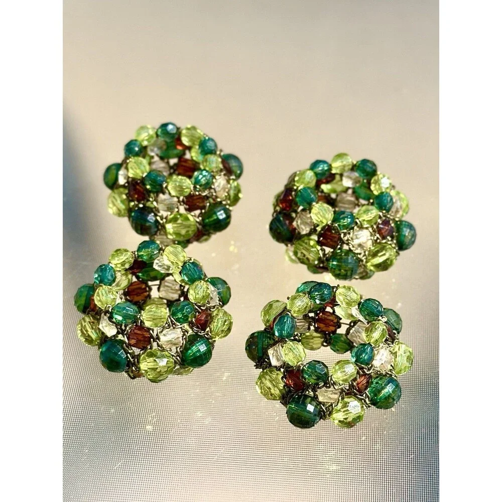Set Of 4 Pier 1 Imports Green and Amber Faux Crystal Beaded Napkin Rings Round